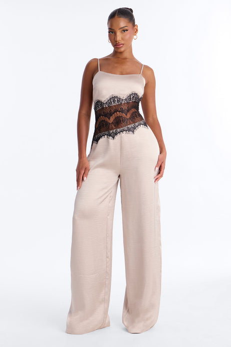 Francesca Lace Trim Wide Leg Jumpsuit - Taupe
