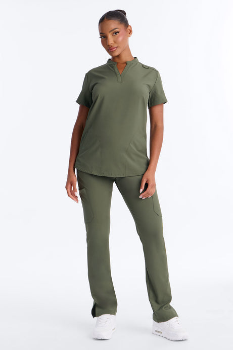It's Go Time Collared Open Leg Uniform Scrub Set - Olive