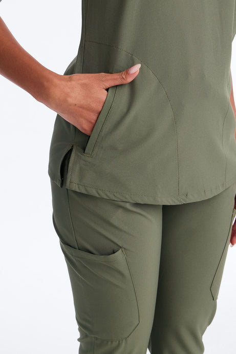 It's Go Time Collared Open Leg Uniform Scrub Set - Olive