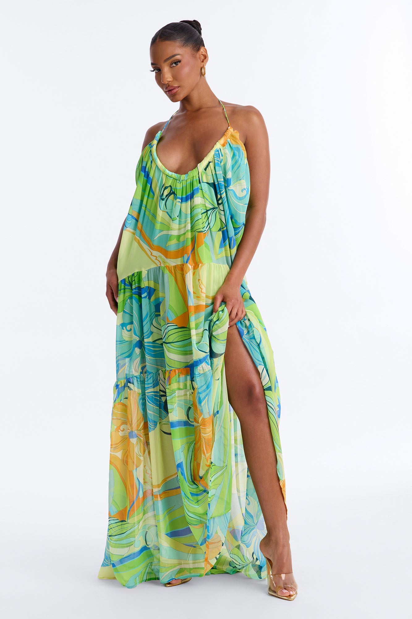 She's Expensive Chiffon Maxi Dress - Green/combo