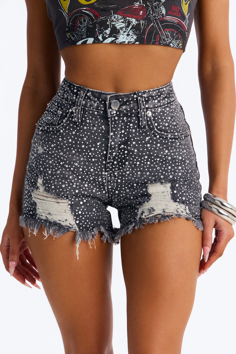 Fancy Pants Embellished Ripped Denim Shorts - Grey