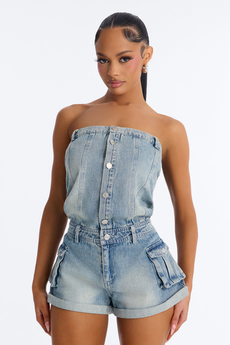 Dina Denim Cargo Strapless Romper - Medium Wash