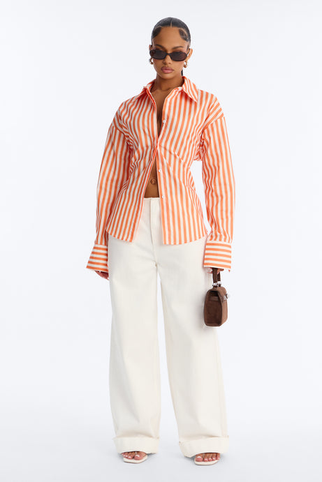 Elevated Fun Tie Back Striped Poplin Shirt - Orange/combo
