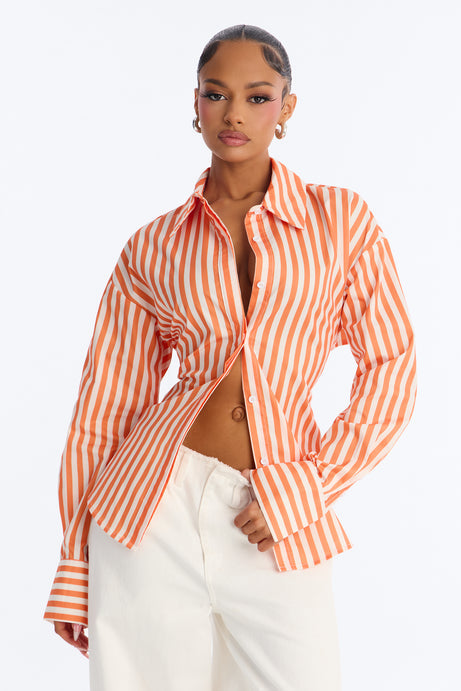 Elevated Fun Tie Back Striped Poplin Shirt - Orange/combo