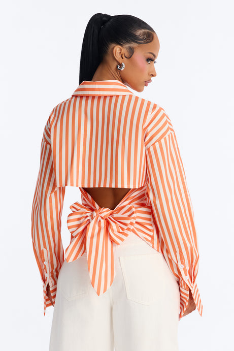 Elevated Fun Tie Back Striped Poplin Shirt - Orange/combo