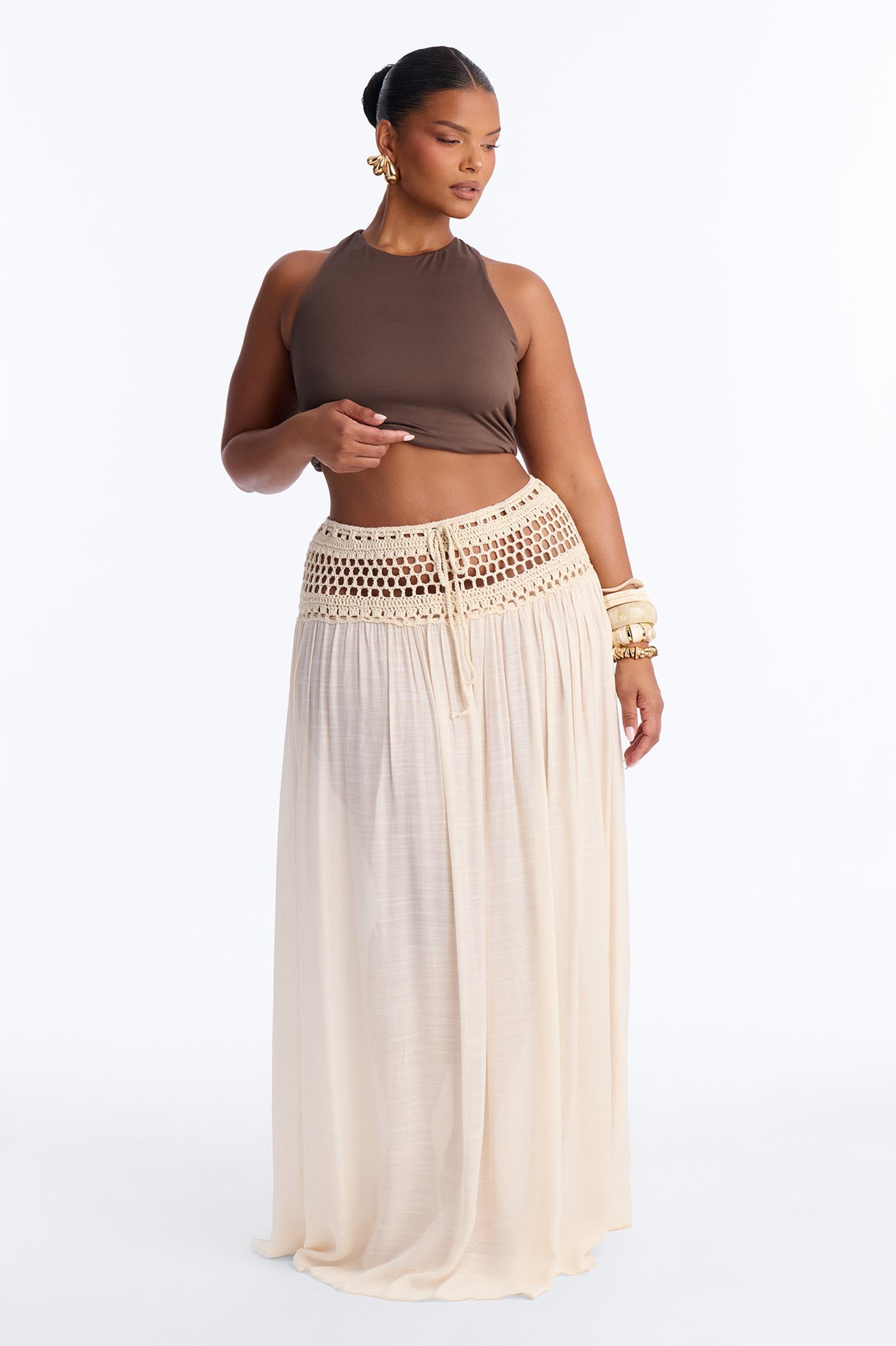 Boho Dreams Crochet Waistband Maxi Skirt - Natural