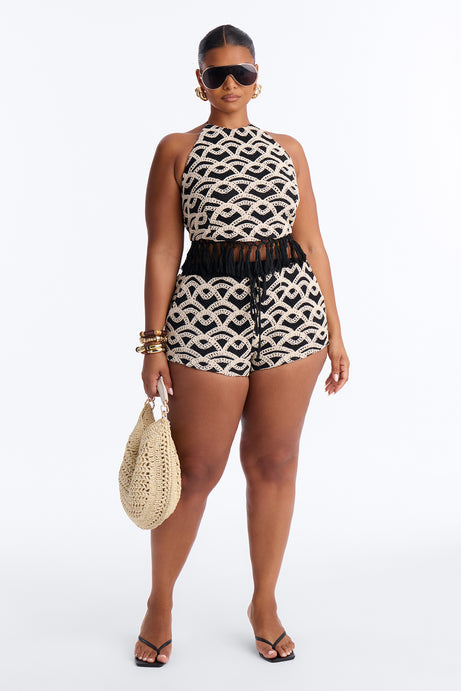 Mara Crochet Fringe Short Set - Black/White