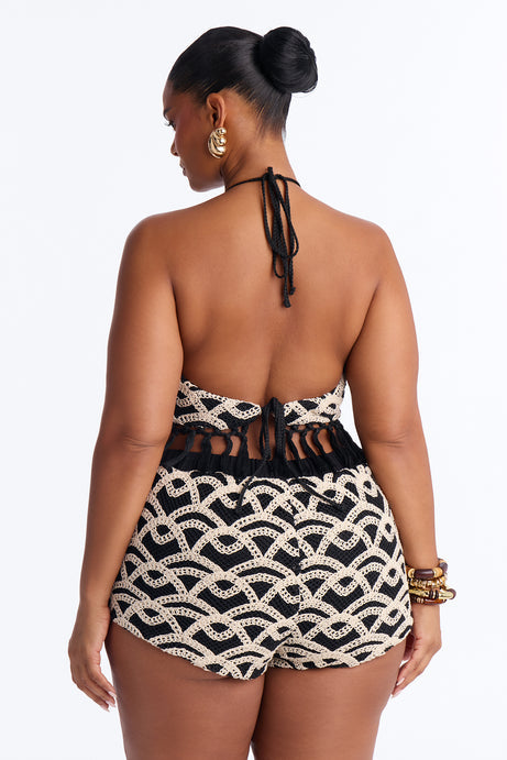 Mara Crochet Fringe Short Set - Black/White