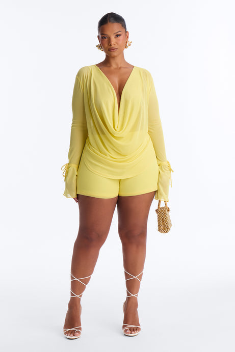 Ysabel Cowl Neck Mesh Short Set - Yellow