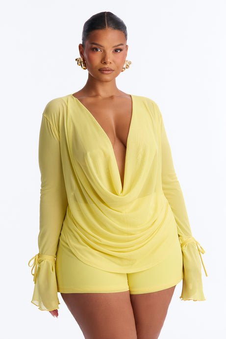 Ysabel Cowl Neck Mesh Short Set - Yellow