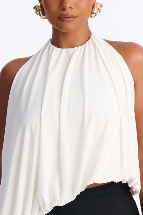 Selena Ruched Asymmetrical Halter Top - White