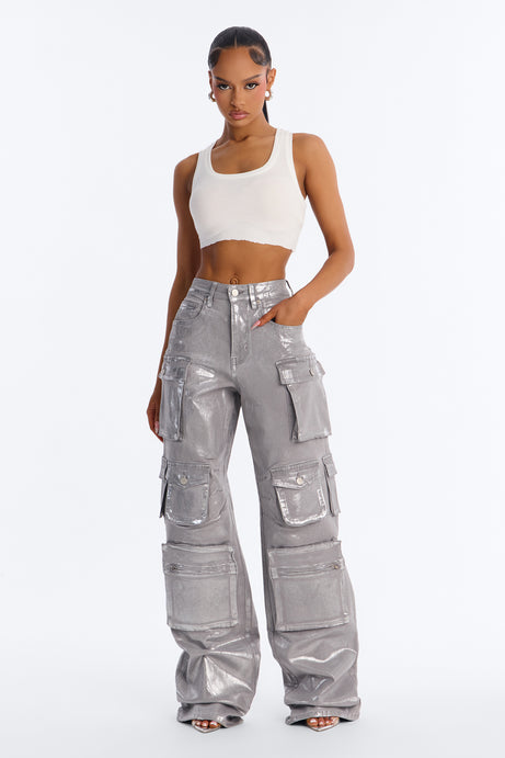 Tall Time To Shine Foil Baggy Cargo Jeans - Silver