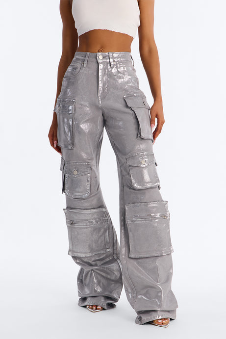 Tall Time To Shine Foil Baggy Cargo Jeans - Silver