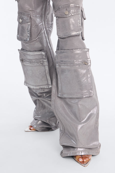 Tall Time To Shine Foil Baggy Cargo Jeans - Silver