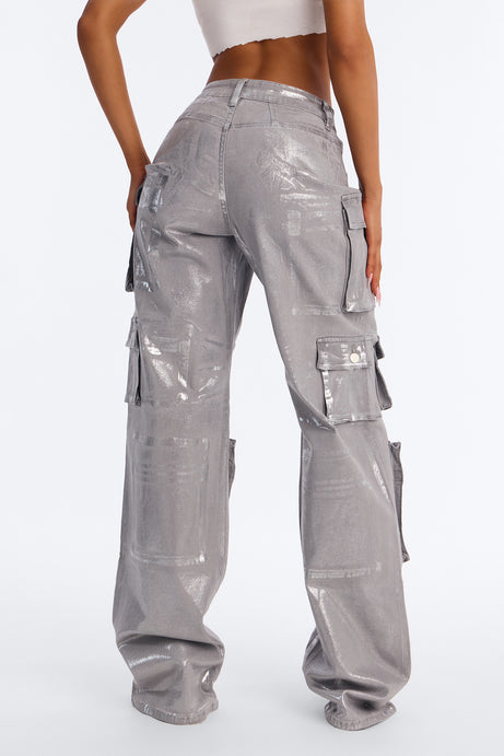 Tall Time To Shine Foil Baggy Cargo Jeans - Silver