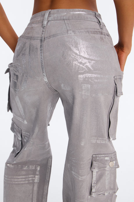 Tall Time To Shine Foil Baggy Cargo Jeans - Silver