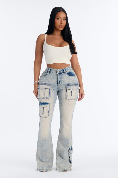 Reflections Embellished Cargo Flare Jeans - Light Wash