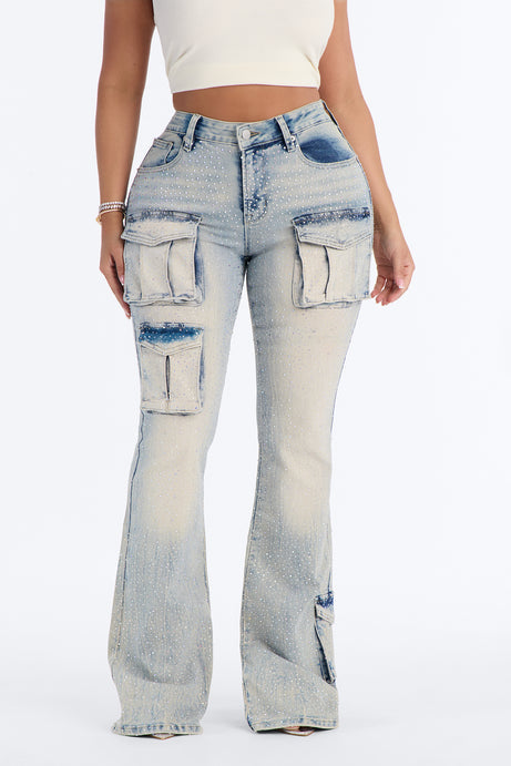 Reflections Embellished Cargo Flare Jeans - Light Wash