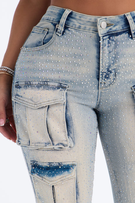 Reflections Embellished Cargo Flare Jeans - Light Wash