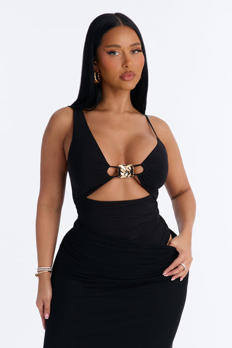 Tropic Waters Ruched Hardware Bodysuit - Black