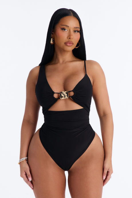 Tropic Waters Ruched Hardware Bodysuit - Black