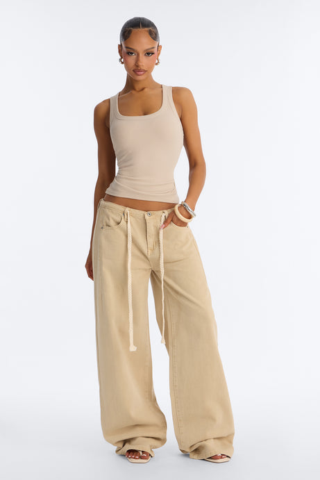 Sandstone Tie Waist Wide Leg Jeans - Khaki
