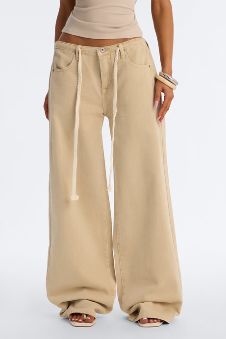 Sandstone Tie Waist Wide Leg Jeans - Khaki