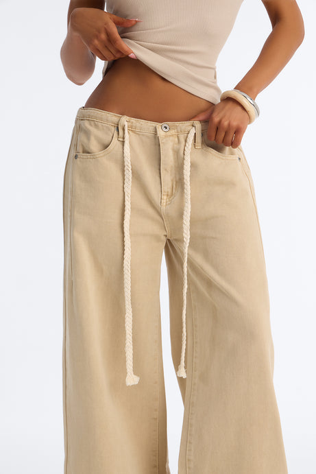 Sandstone Tie Waist Wide Leg Jeans - Khaki