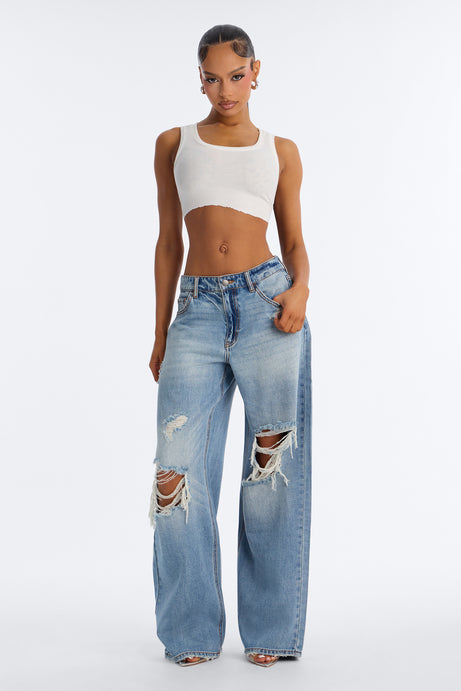 Delphine Ripped Wide Leg Jeans - Medium Wash