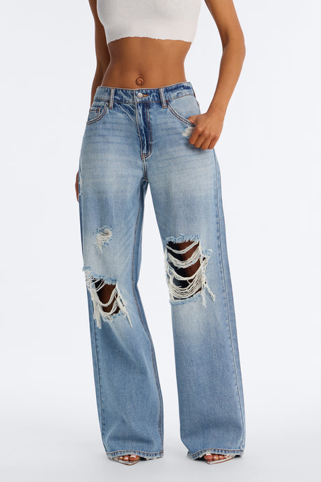 Delphine Ripped Wide Leg Jeans - Medium Wash