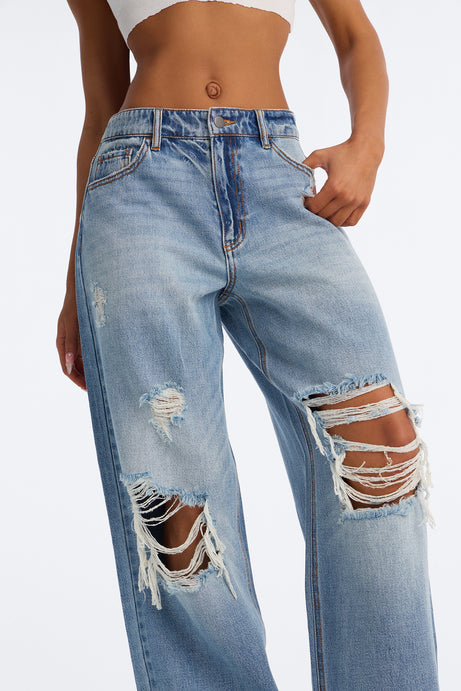 Delphine Ripped Wide Leg Jeans - Medium Wash