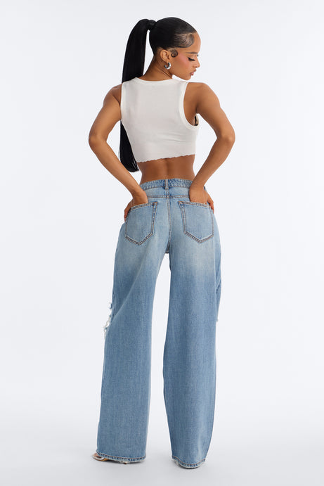 Delphine Ripped Wide Leg Jeans - Medium Wash