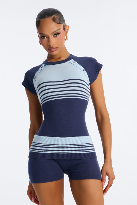 Elle Short Sleeve Striped Romper - Blue