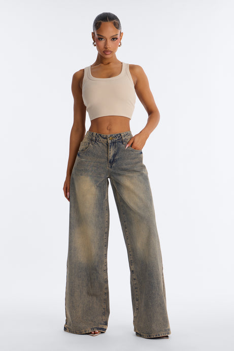 Time To Go Wide Leg Jeans - Vintage Wash