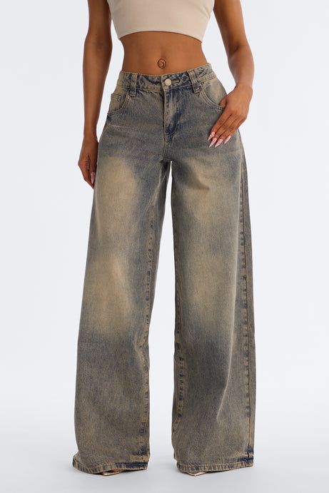 Time To Go Wide Leg Jeans - Vintage Wash