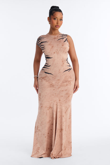 In The Wild Animal Backless Maxi Dress - Taupe/combo