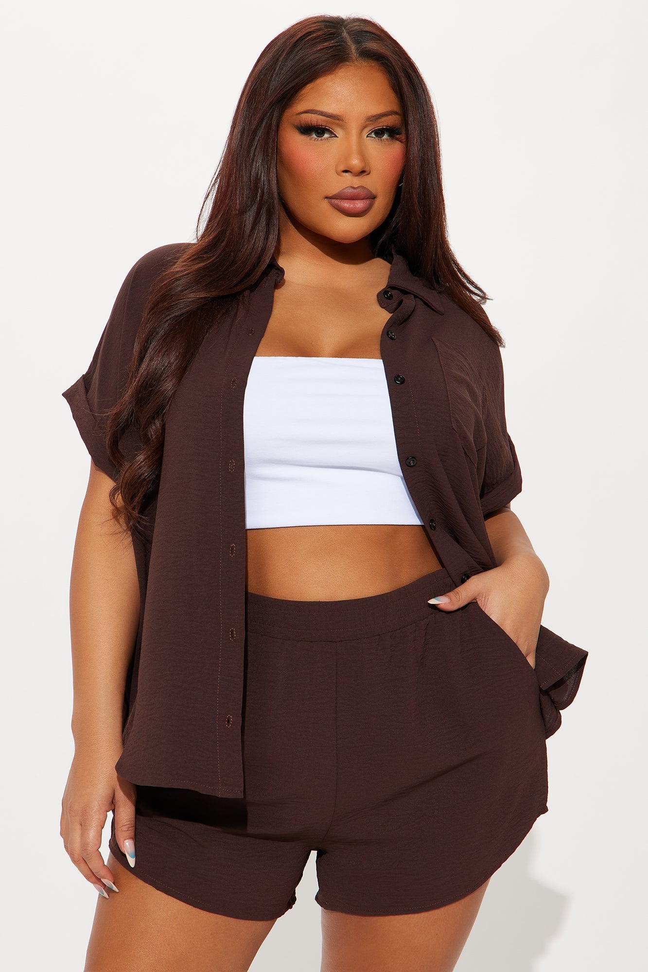 Ava Button Up Short Set - Chocolate