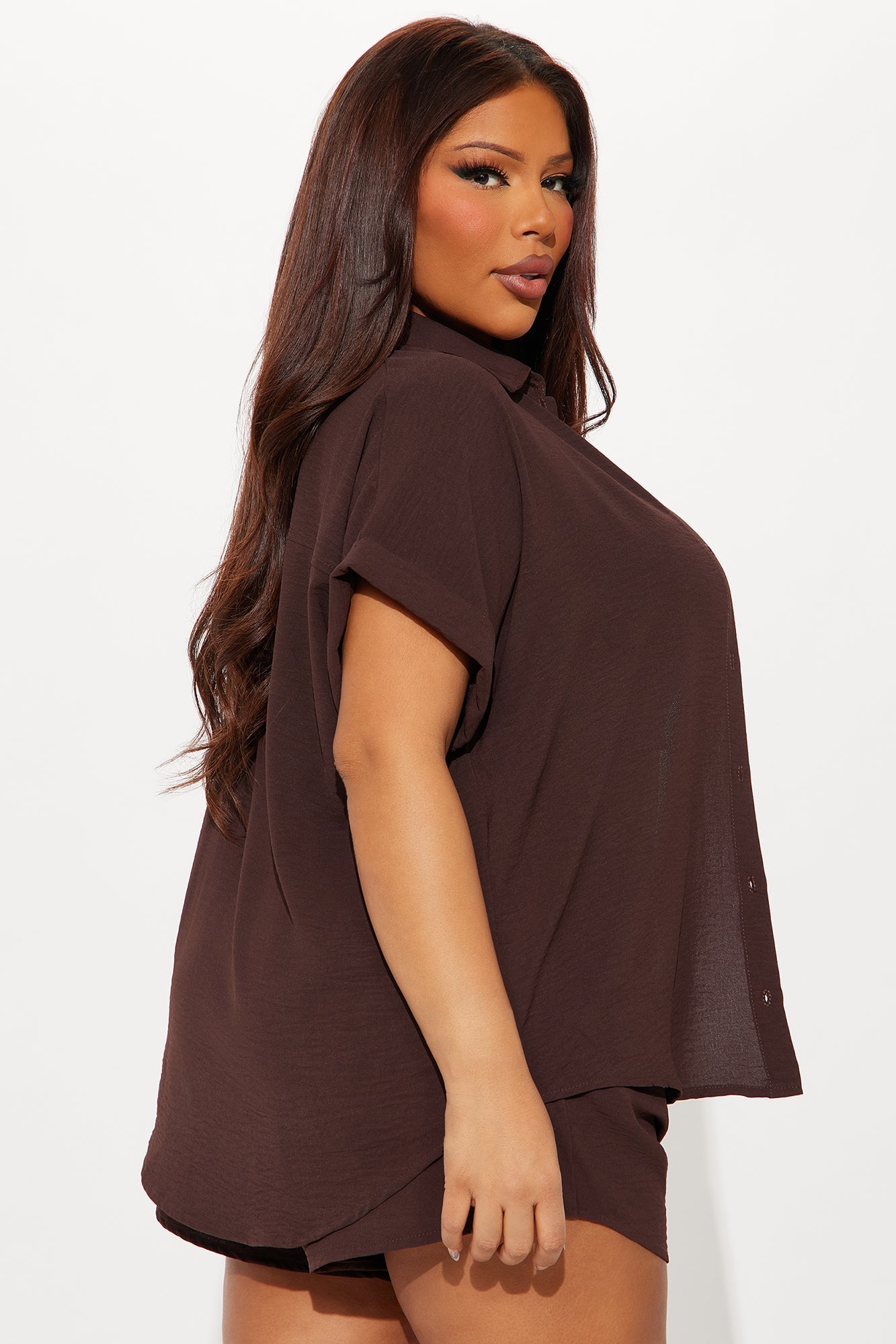 Ava Button Up Short Set - Chocolate