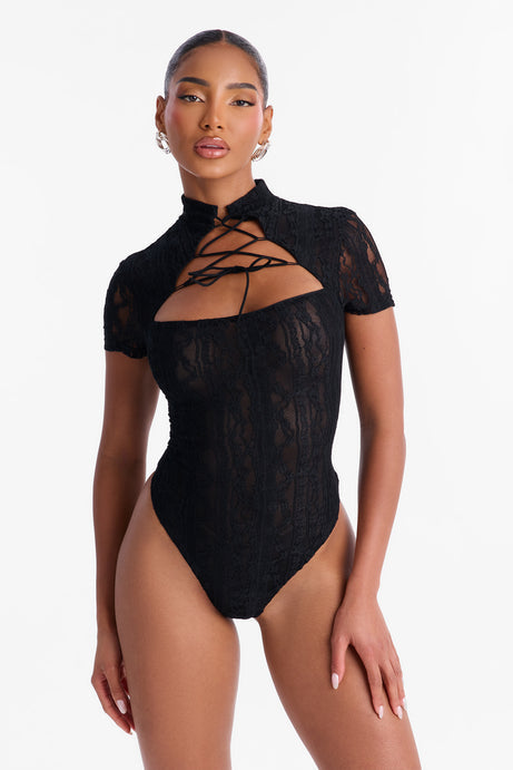 Lianne Lace Mock Neck Bodysuit - Black