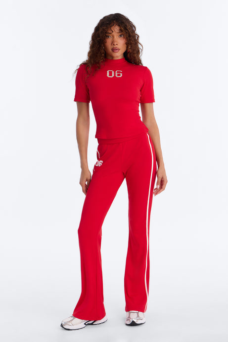 Sporty Vibe Ribbed Pant Set - Red
