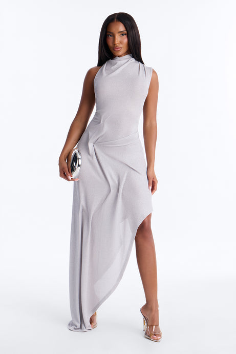 Bad Decisions Ruched Metallic Maxi Dress - Silver