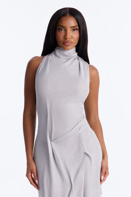 Bad Decisions Ruched Metallic Maxi Dress - Silver