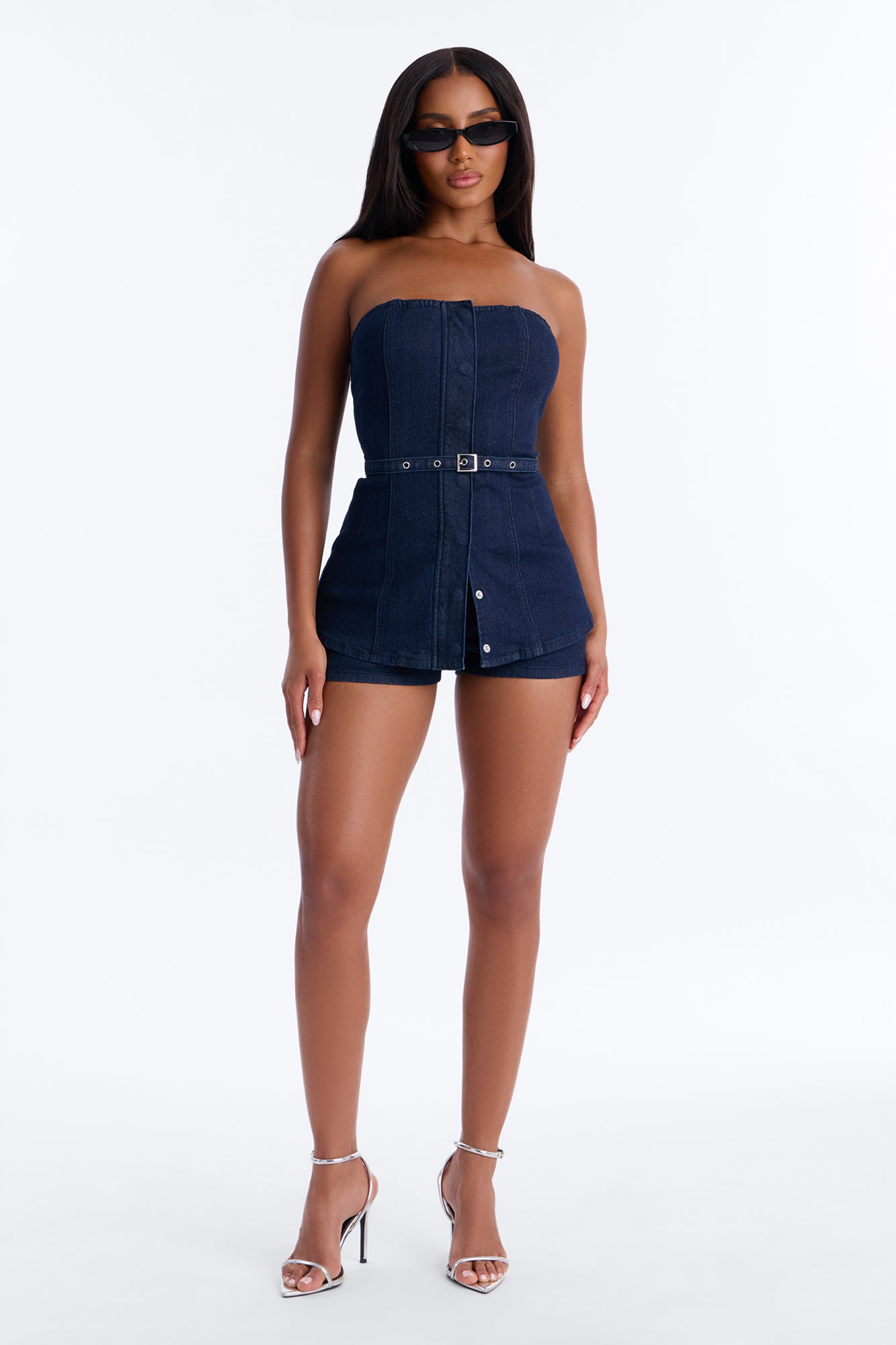 Loren Belted Denim Short Set - Dark Wash