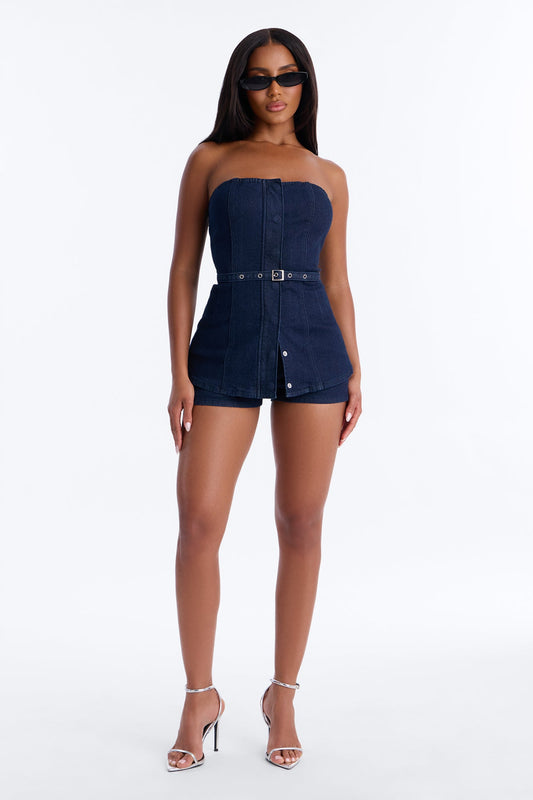 Loren Belted Denim Short Set - Dark Wash