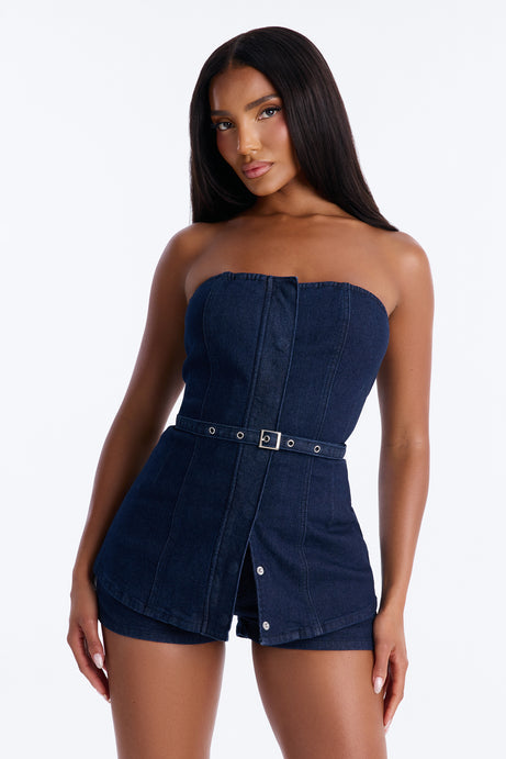 Loren Belted Denim Short Set - Dark Wash