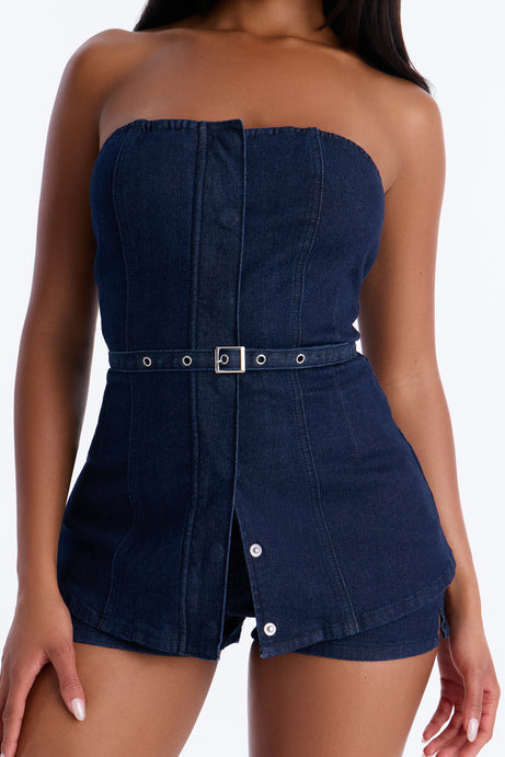 Loren Belted Denim Short Set - Dark Wash