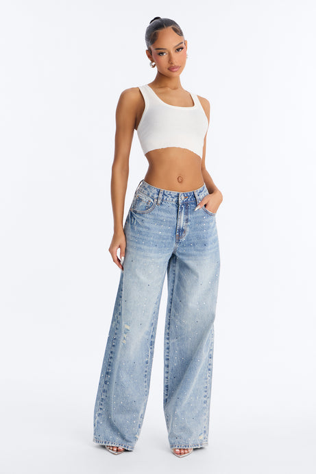 Five Star Favorite Embellished Wide Leg Jeans - Light Wash