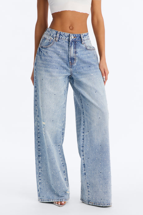 Five Star Favorite Embellished Wide Leg Jeans - Light Wash