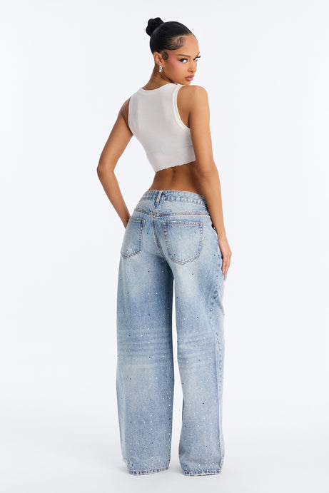 Five Star Favorite Embellished Wide Leg Jeans - Light Wash