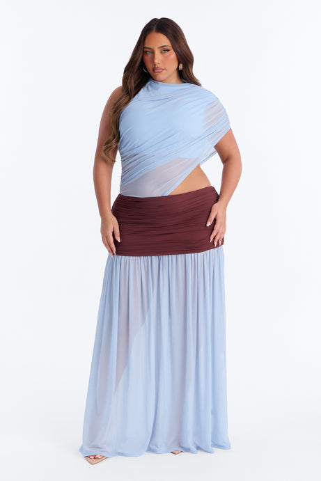 Delilah Draped Mesh Maxi Dress - Blue/combo